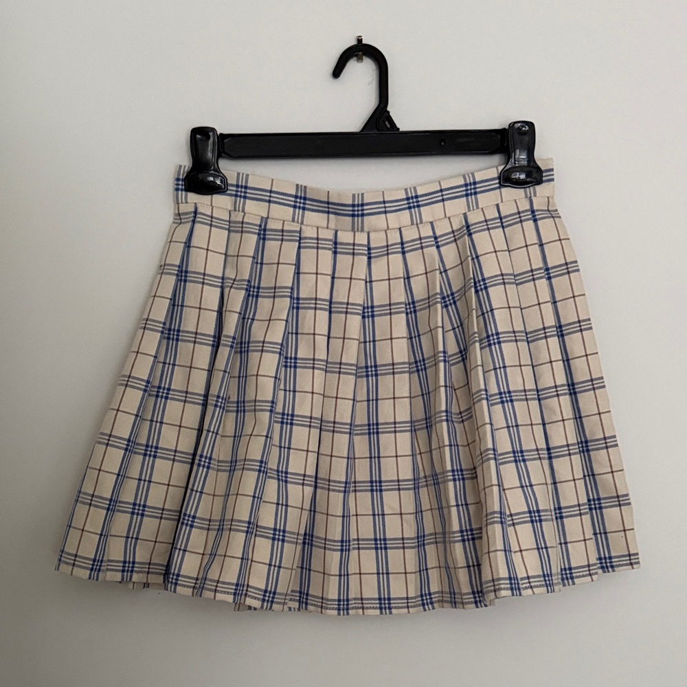 Chic Plaid Skater Skirt in Blue and Cream